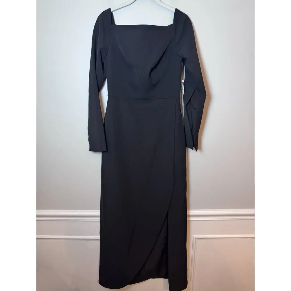 Kay Unger Black Midi Dress Split Sleeve Slit On Leg Sz 4 NEW